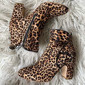 Mavette Pony Hair Brown Leopard Print Piping Zip-Up Heeled Ankle Boot NWOB Sz 36